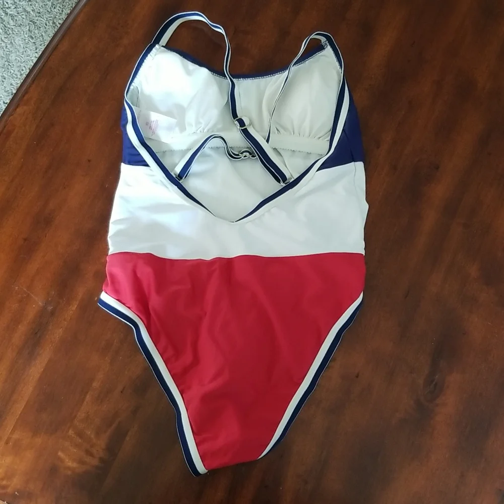 Red white and blue high cut/ french cut one piece bathing suit - Picture 2 of 2